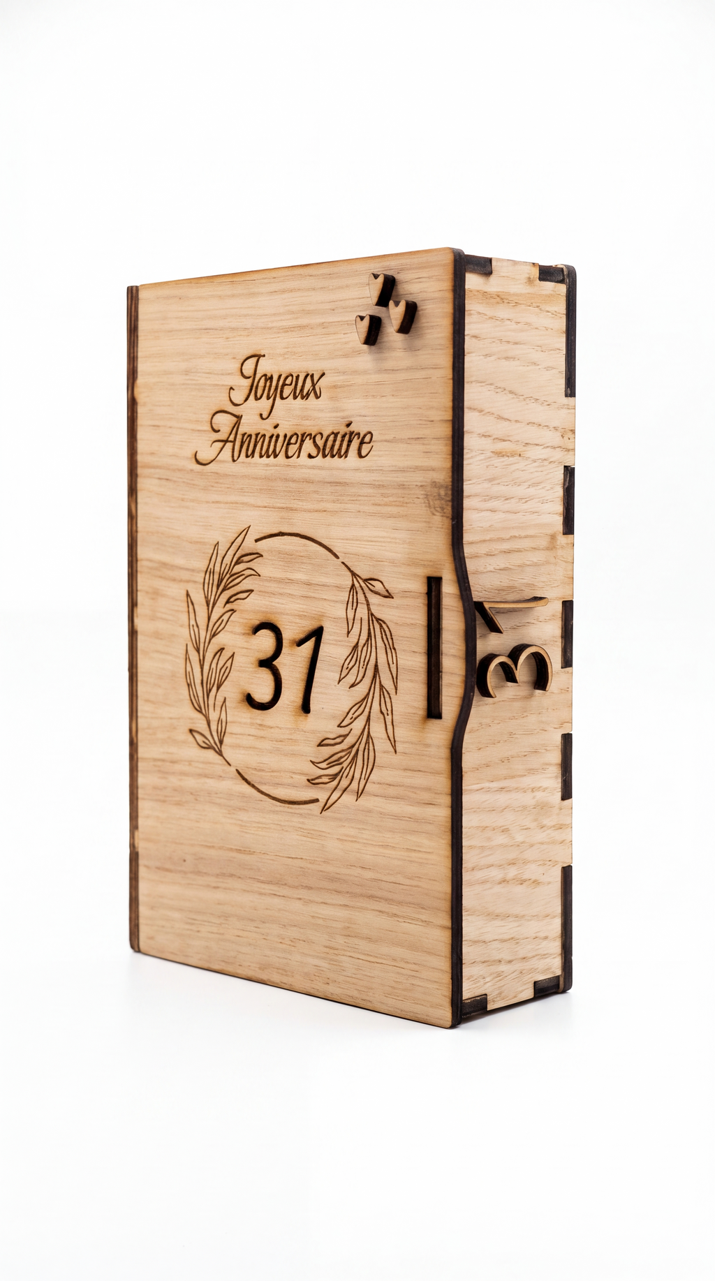 Boîte cadeau en bois personnalisée – Livre gravé avec photo et message