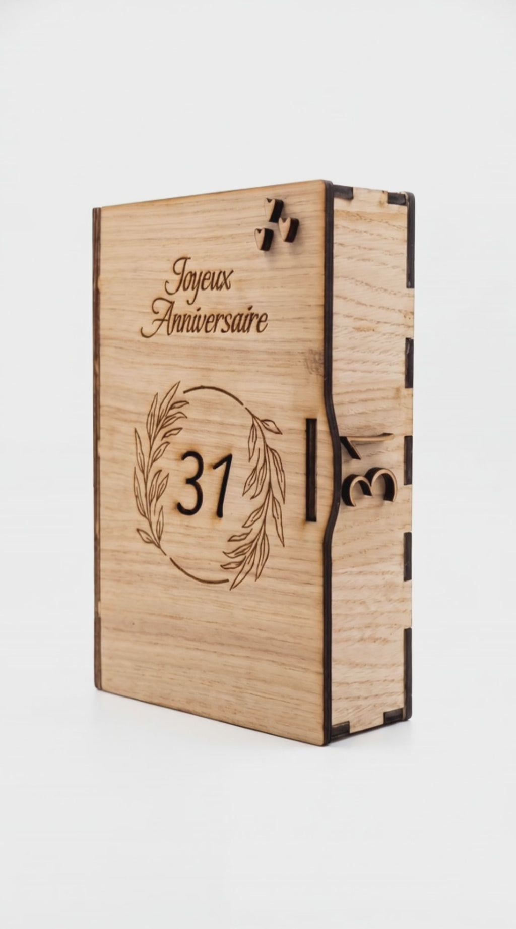 Boîte cadeau en bois personnalisée – Livre gravé avec photo et message