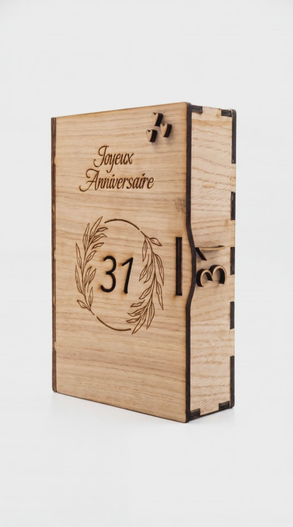 Boîte cadeau en bois personnalisée – Livre gravé avec photo et message