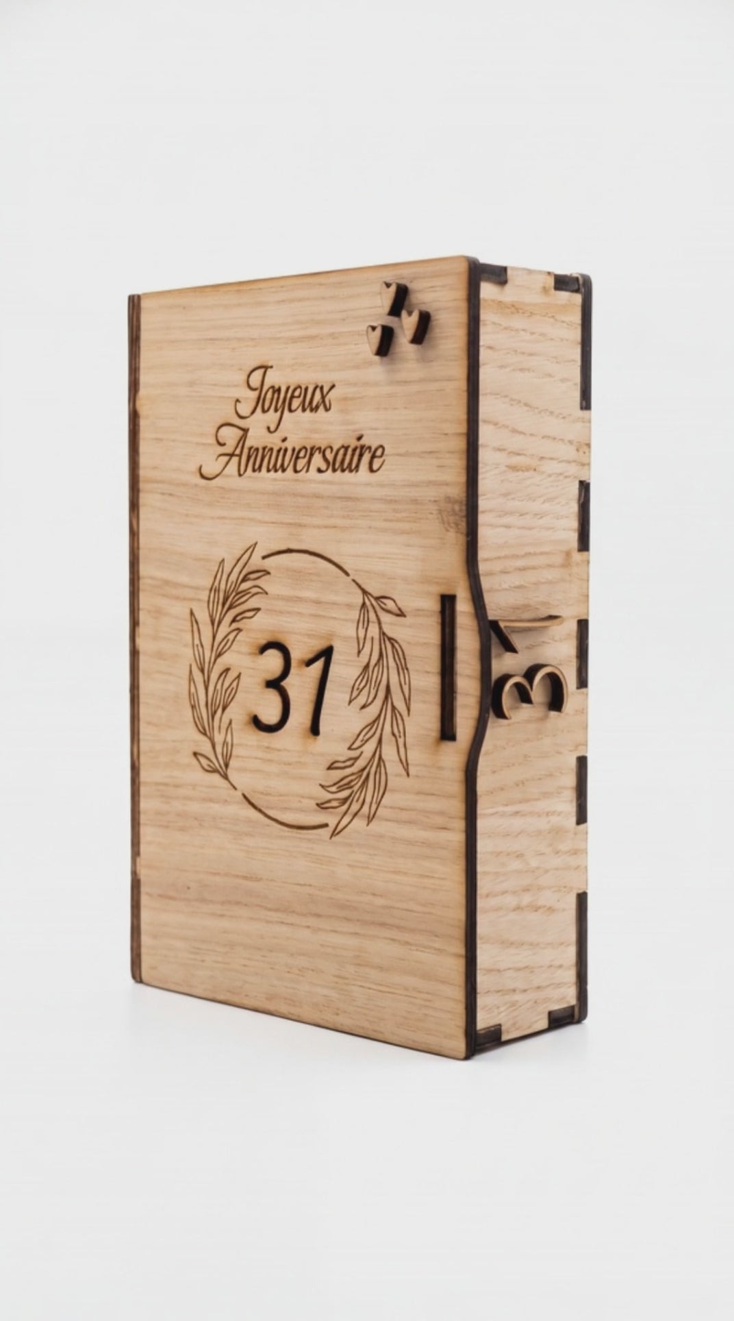 Boîte cadeau en bois personnalisée – Livre gravé avec photo et message